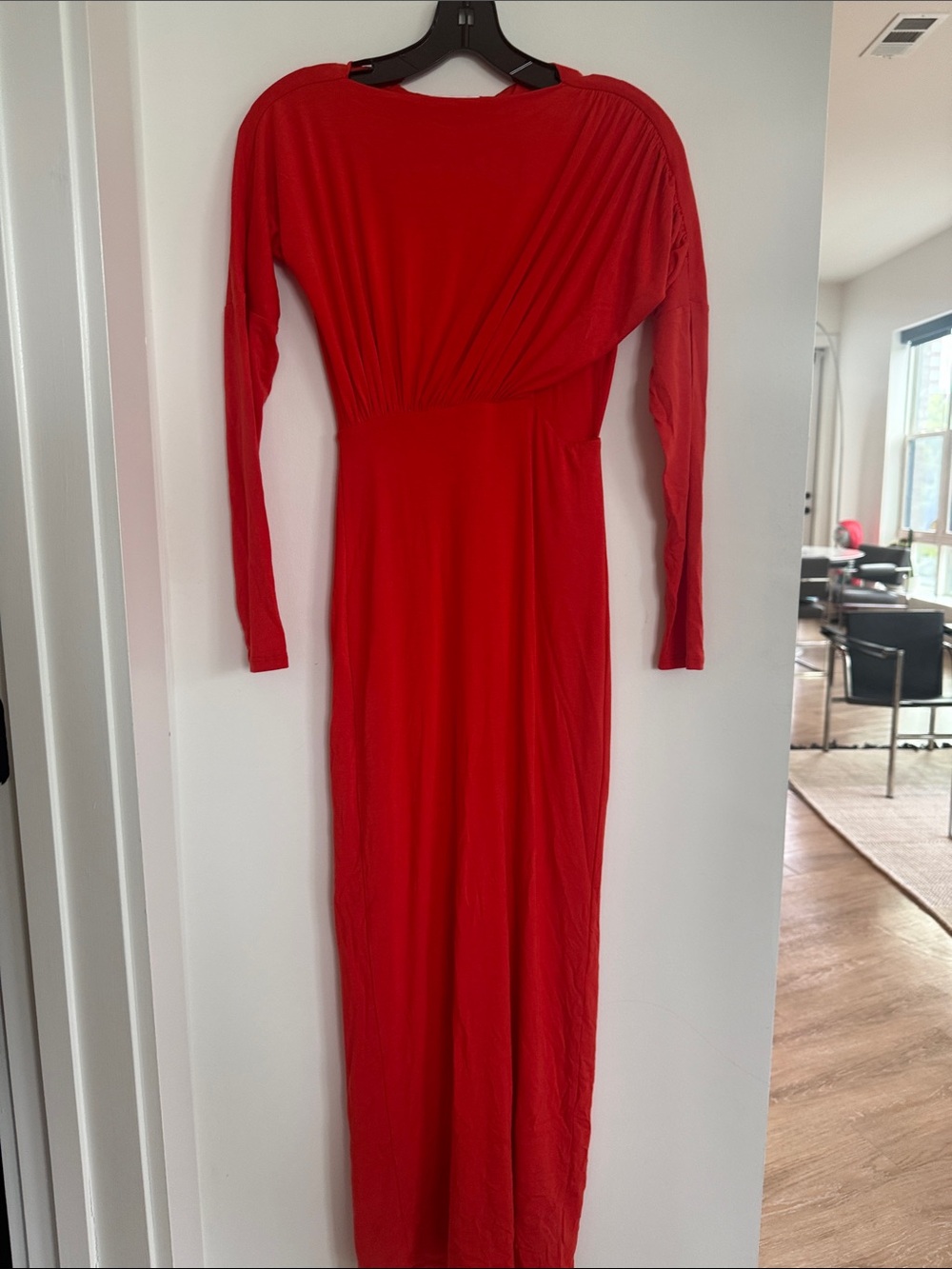 Elegant Red Long Sleeve Maxi Dress with Gathered Waist